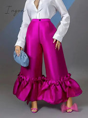 Ingvn - Women High Waist Flare Pants Wide Leg Big Size Shiny Fuchsia Bell Bottoms Trousers Dressy Femme Trendy Party Club Outfits 4XL