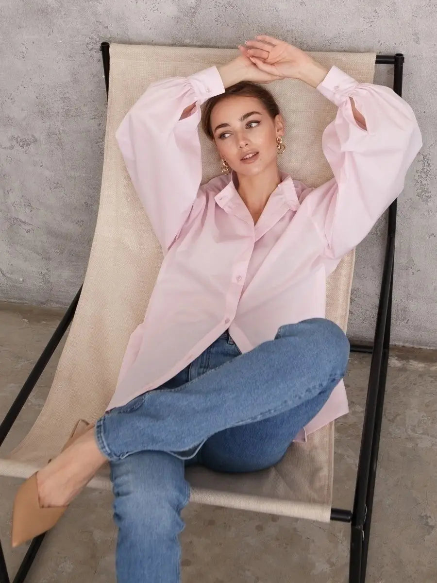 Ingvn  Loose O-neck Women Stylish Shirts Spring Summer Lantern Sleeve Single-breasted Female 100% Cotton Blouse Ladies Tops