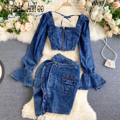 Ingvn - Trends high quality Spring Autumn Two Piece Set  Women Sexy Jeans 2 Two Piece Set Long Sleeve Crop Tops And Bodycon Short Denim Skirt Suits for Woman