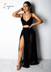 Ingvn - Sexy Women Set Two Pieces Spaghetti Strap Top Long Slit Skirt Summer Chiffon 2 Pieces Set Outfit Solid Pattern Outdoor Wear