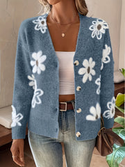 Cozy Chic Women's Knitted Cardigan - Soft V-Neck, Drooping Shoulder, Printed Button Detail, Warm and Stylish Winter Coat