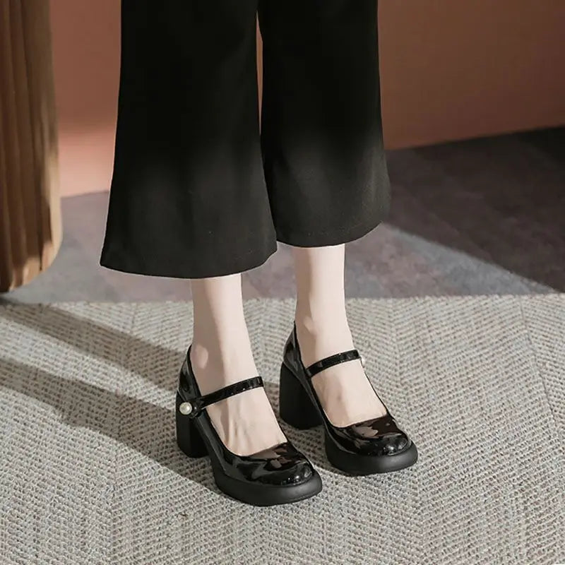 Ingvn  Shoes for Woman  with Medium Heels Gothic Women's Summer Footwear Japanese Style Lolita Pearl Round Toe Mary Jane Platform E