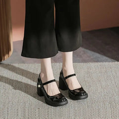 Ingvn  Shoes for Woman  with Medium Heels Gothic Women's Summer Footwear Japanese Style Lolita Pearl Round Toe Mary Jane Platform E