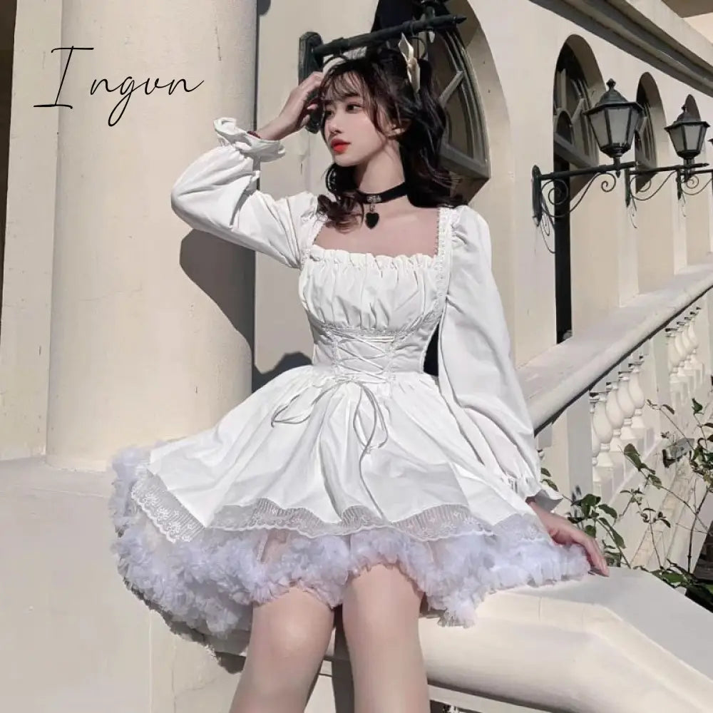 Ingvn - Womens New Trends White Lolita Dress Kawaii Vinatge Long Sleeve Mini Dresses Black Gothic Bandage Lace Patchwork Streetwear Square Collar