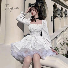 Ingvn - Womens New Trends White Lolita Dress Kawaii Vinatge Long Sleeve Mini Dresses Black Gothic Bandage Lace Patchwork Streetwear Square Collar