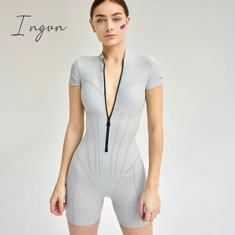 Ingvn - 2023 New Short Sleeve Playsuit Women Overalls Spring Striped Zipper Sporty Rompers Ladies Casual Bodycon Playsuits