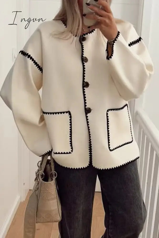 Ingvn - British Style Elegant Solid Patchwork Pocket O Neck Outerwear
