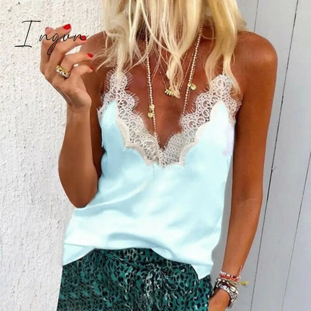 Ingvn - Muyogrt Women Summer Blouse Shirts Sexy V Neck Ruffle Blouses Backless Spaghetti Strap Office Ladies Sleeveless Casual Tops