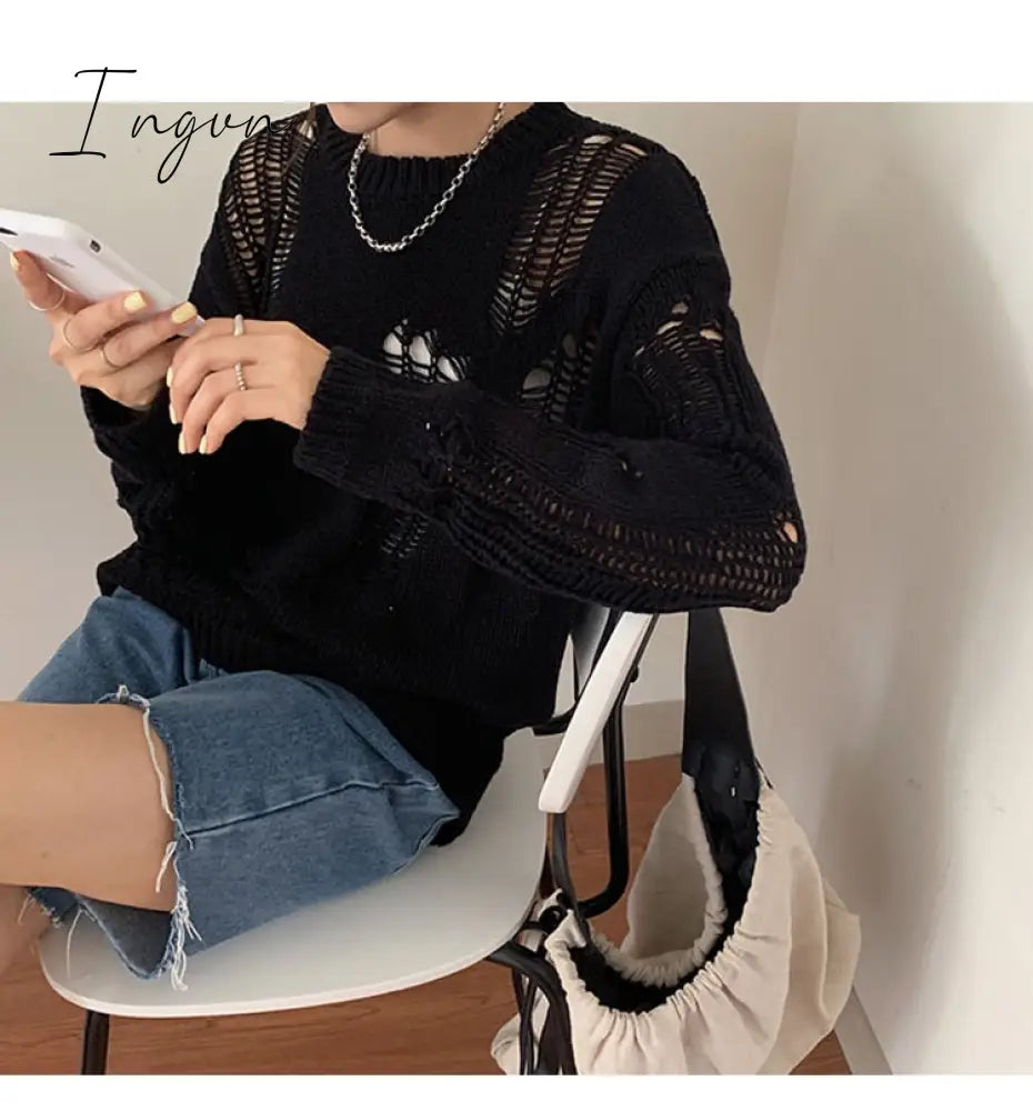 Ingvn - Autumn New Korean Style Long-sleeved Sexy Hole Sweater Asymmetric Hem Loose Pullover Hollow Out Thin Knit Sweater Jumper Tops