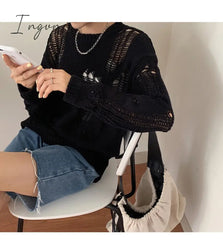 Ingvn - Autumn New Korean Style Long-sleeved Sexy Hole Sweater Asymmetric Hem Loose Pullover Hollow Out Thin Knit Sweater Jumper Tops
