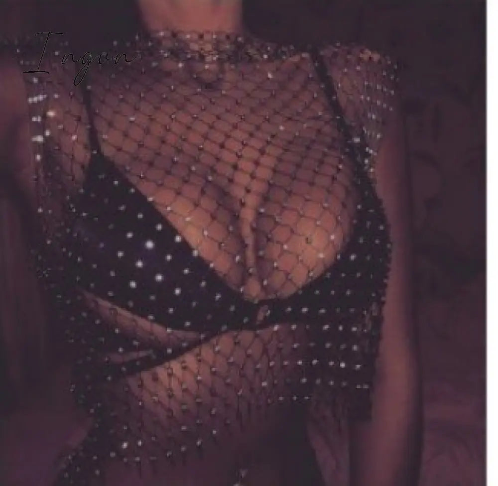 Ingvn - Sexy Crystal Diamonds Mesh Hollow Out Dresses Women Summer Crochet Hollow Out Rhinestone Sleeveless See-through Mini Dress