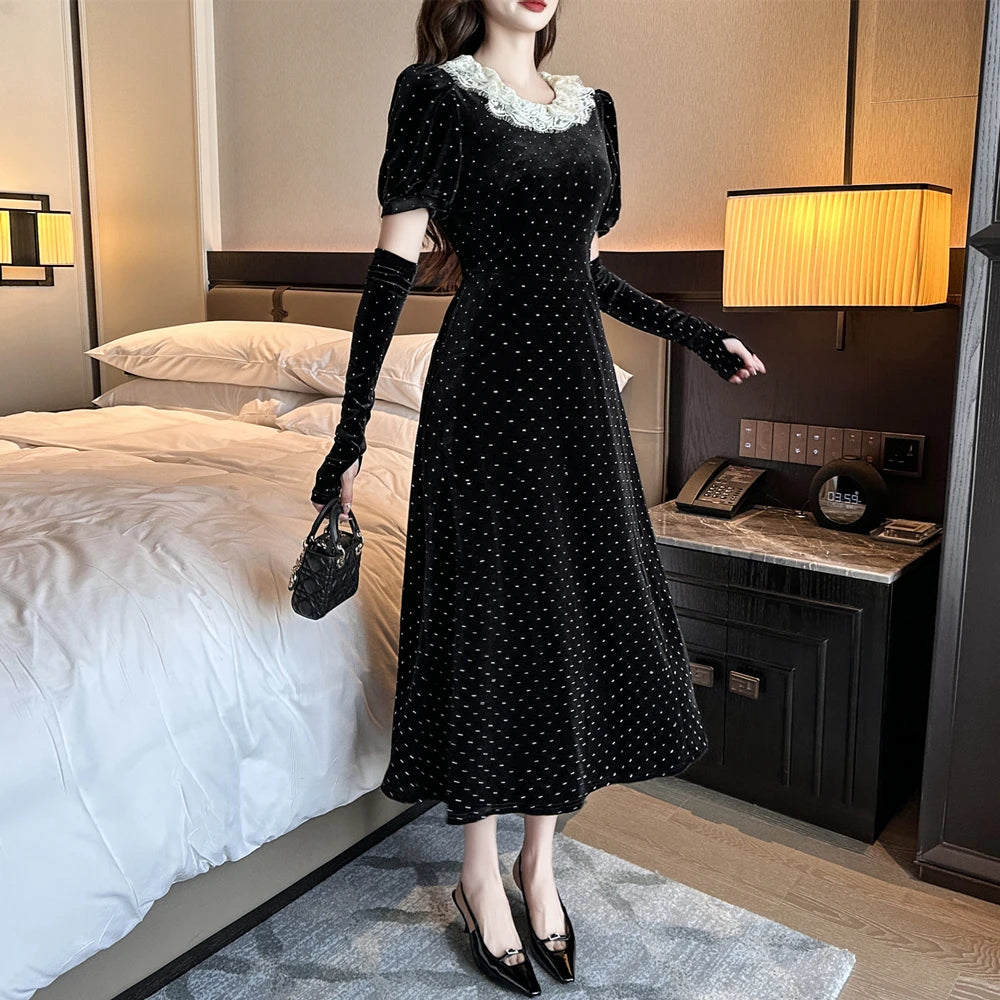 Elegant Fashion Velvet Black Midi Dresses for Women Autumn New Vintage Slim Casual Evening Birthday Party Female Clothing