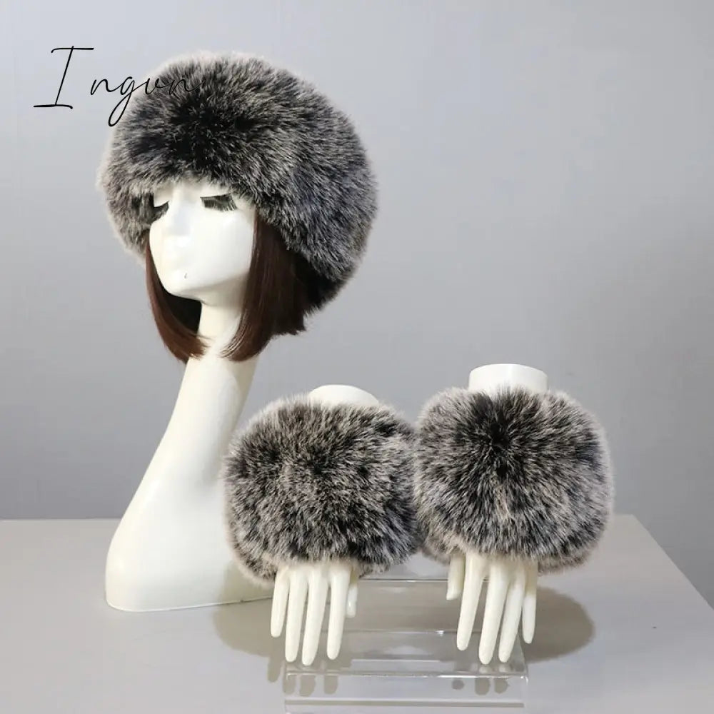 Ingvn - New Autumn Winter Caps Female Hats Cuffs Set Fashion Warmth Imitation Quality Design Faux Fur Hat Fox Fur Sleeves Suit Accessary