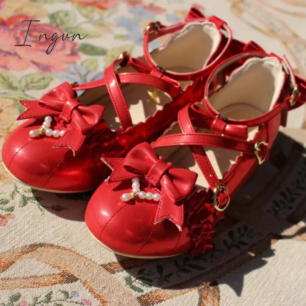 Ingvn - Sweet Lolita Shoes Vintage Round Head Middle Heel 3-5cm Women Shoes Cute Bowknot Cross Bandage Kawaii Shoes Loli  Kawaii Girl