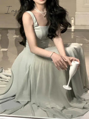 Ingvn - Elegant Sleeveless Female A-line Dress Summer Ladies Vestidos Spaghetti Strap Slim Waist Mesh Patchwork Women Dress