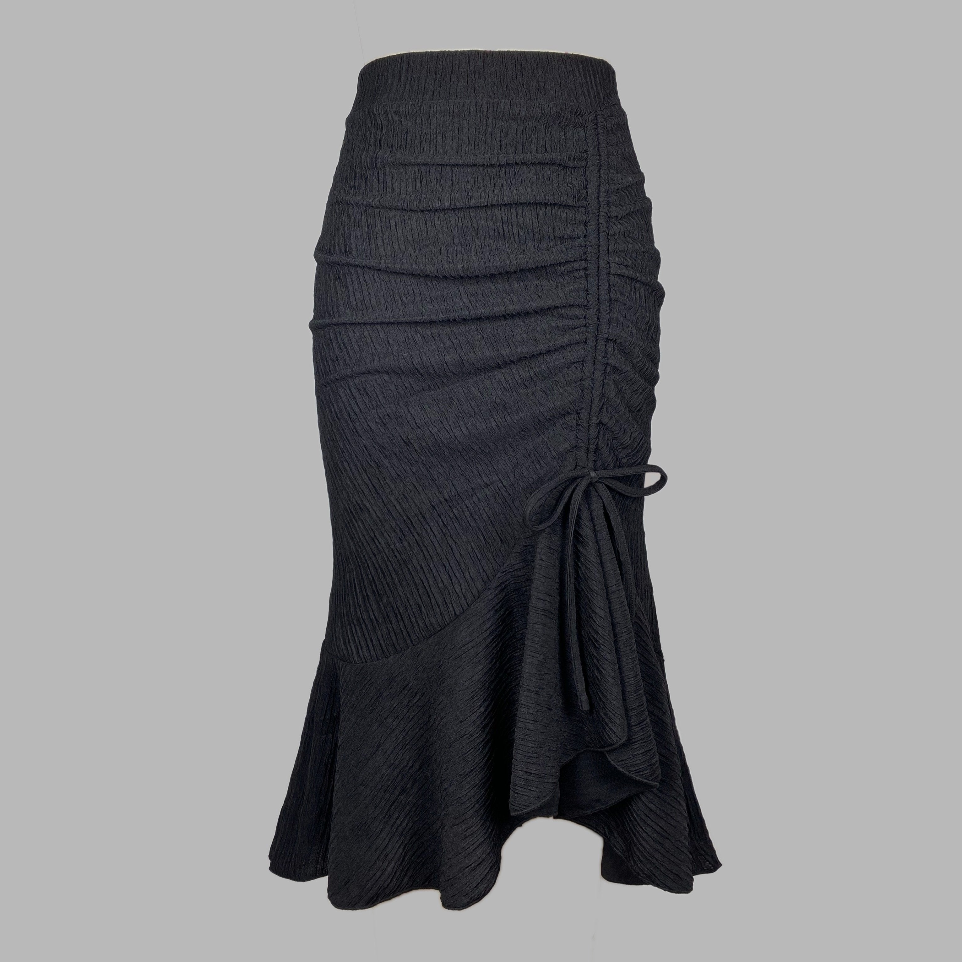 Solid Textured Drawstring Bodycon Skirt, Elegant High Waist Mermaid Hem Ruched Skirt, Women's Clothing