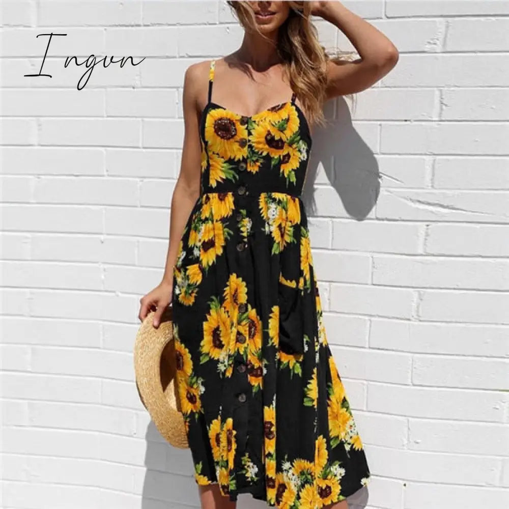 Ingvn - Boho Sexy Floral Dress Summer Vintage Casual Sundress Female Beach Dress Midi Button Backless Polka Dot Striped Women Dress