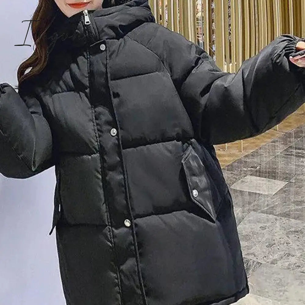 Ingvn - winter women's hooded zipper loose down jacket women's solid color regular thick padded jacket new