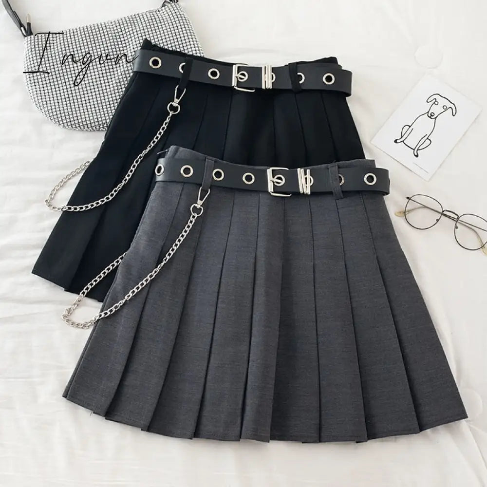 Ingvn - Black Pleated Skirt With Chain-Belt Punk Rock Girl Cheerleading Belted Mini Skirt Alt Women e-girl Outfit