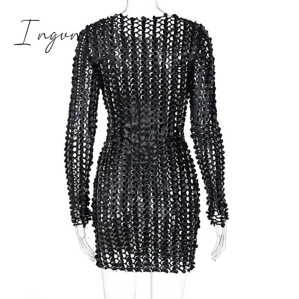 Ingvn - Long Sleeve Cut Out Solid Skinny Sexy Mini Dress Autumn Winter Women Fashion Party Club Elegant Outfits