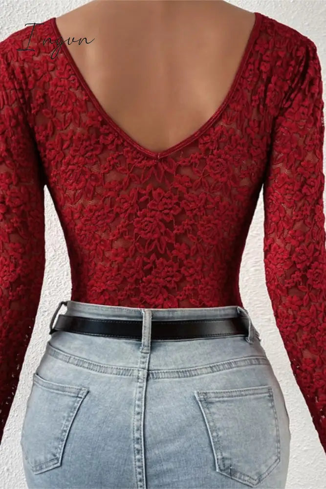 Ingvn- Sexy Solid Patchwork See-through Backless V Neck Skinny Bodysuits