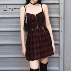Ingvn - Gothic Girls Plaid Pleated Punk Dress Preppy Style Red Black Spaghetti Strap Sexy Sleeveless Mini Short Dresses Goth Streetwear