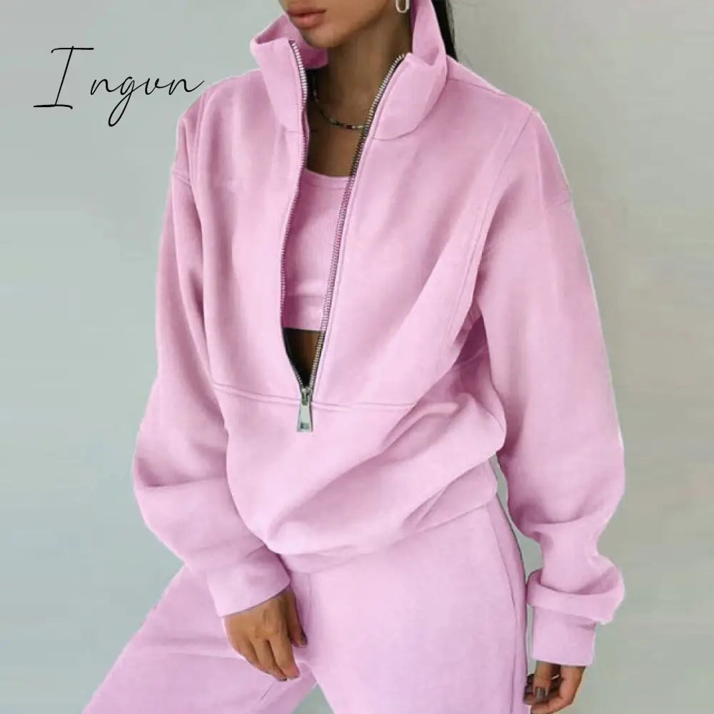 Ingvn - Women Fleece Two Piece Set Spring Winter Sports Warm Suit Casual Oversized Polo Zipper Sweatshirts And Trouser Tracksuits Set