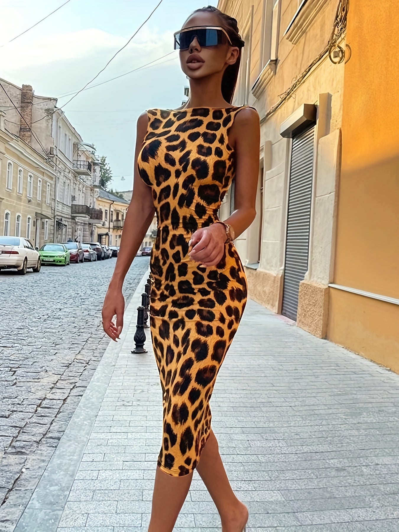 Chic Leopard Print Teddy Fleece Backless Dress - Gothic Raglan Style with Sleeveless Crew Neck - Ultra-Skinny Fit