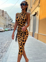 Chic Leopard Print Teddy Fleece Backless Dress - Gothic Raglan Style with Sleeveless Crew Neck - Ultra-Skinny Fit