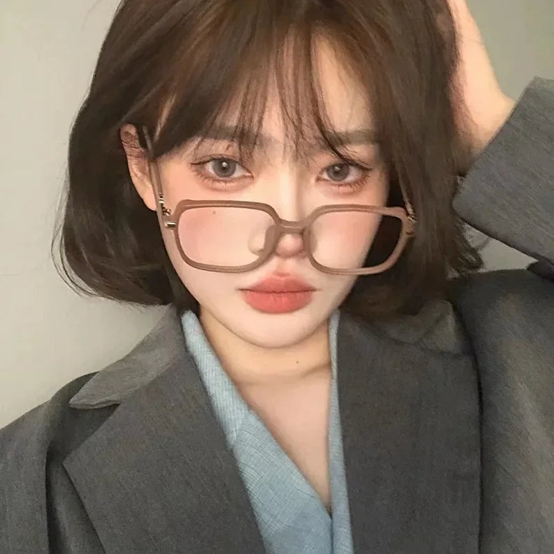 INGVN  Brown Square Glasses Frame Girl Ins No Makeup Plain Glasses Men Light Eyewear Cute Decorative Computer Glasses
