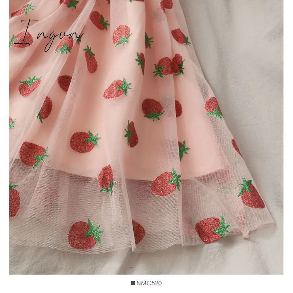 Ingvn - Strawberry Dress Women French Style Lace Chiffon Sweet Dress Casual Puff Sleeve Elegant Printed Kawaii Dress Women New