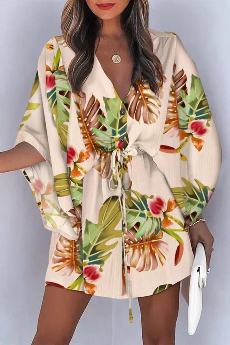Fashion Casual Print Patchwork V Neck Dresses(4 Colors)