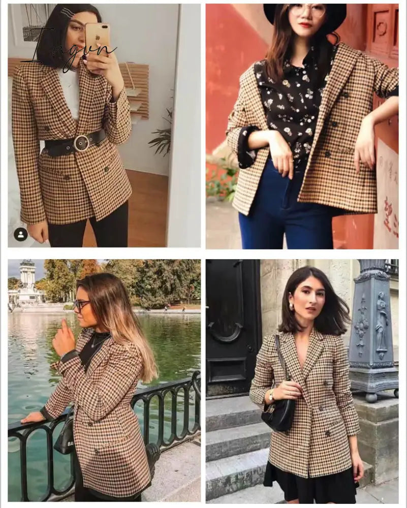 Ingvn - Fashion Autumn Women Plaid Blazers and Jackets Work Office Lady Suit Slim Double Breasted Business Female Blazer Coat Talever