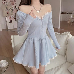 Ingvn - Top quality Sweet Dresses for Women Summer Lace Trim V-Neck Long Sleeve A-line Mini Dress Lolita Style Y2k Fashion Kawaii Girls Outfits