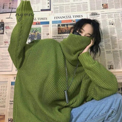 Ingvn - Solid Color Turtleneck Knitted Loose Sweater