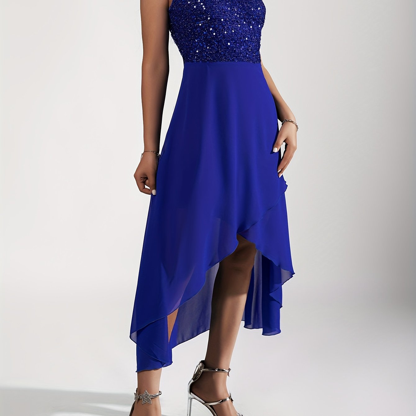 Sequin One-shoulder Tulip Dress, Elegant Sleeveless Dress For Party & Banquet, Women's Clothing
