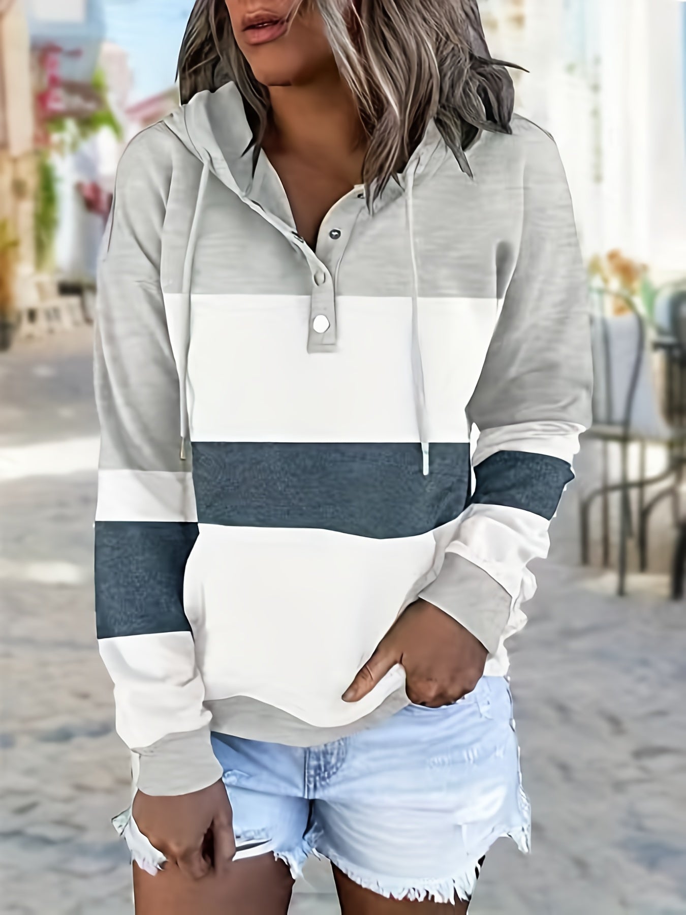 Long Sleeve Striped Drop Shoulder Hoodie - Soft Micro Elastic Polyester Fabric, Button Details, Machine Washable, Casual Style for Fall/Winter - Womens Clothing