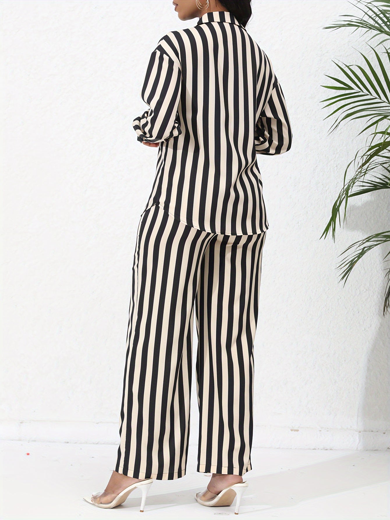 Chic Striped Print Two-Piece Outfit Set - Comfortable Button-Down Shirt & Flowy Wide Leg Pants - Casual Everyday Wear for Women