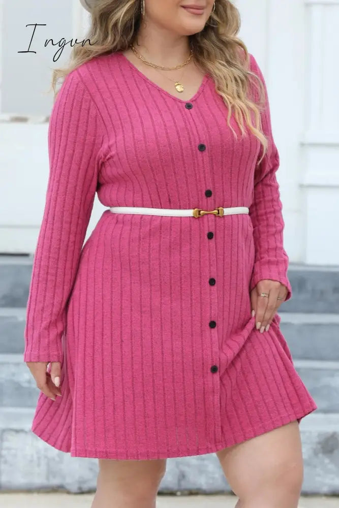Ingvn - Casual Solid Patchwork V Neck Long Sleeve Plus Size Dresses (Without Belt)