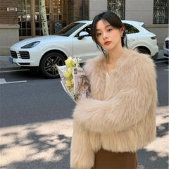 Ingvn - 2023 Spring Fashion Faux Fox Fur Coat Women Korea Fashion Warm Feather Coats Loose Short Outercoat Lady Party Elegant Outfits