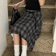 Preppy Style Plaid Print Skirt Grey Low Rise Loose Irregular A-line Midi Skirts Women Harajuku Clothes y2k Streetwear New
