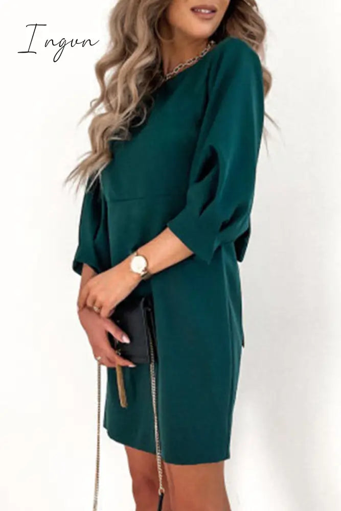 Ingvn - Elegant Solid With Bow Zipper O Neck Pencil Skirt Dresses