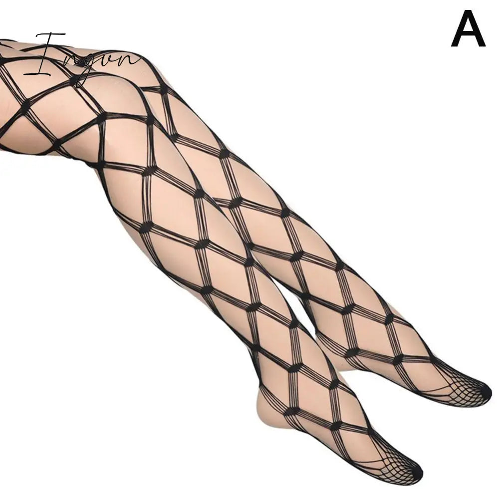 Ingvn - Women Hollow Out Sexy Pantyhose Black White Mesh Tights Stockings Ladies Long Fishnet Stockings Stocking Party Club Hosiery