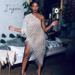 Ingvn - Elegant One Shoulder Celebrity Evening Runway Party Dress Women Fringe Tassels Asymmetrical Club Dress Robe Vestidos De Fiesta