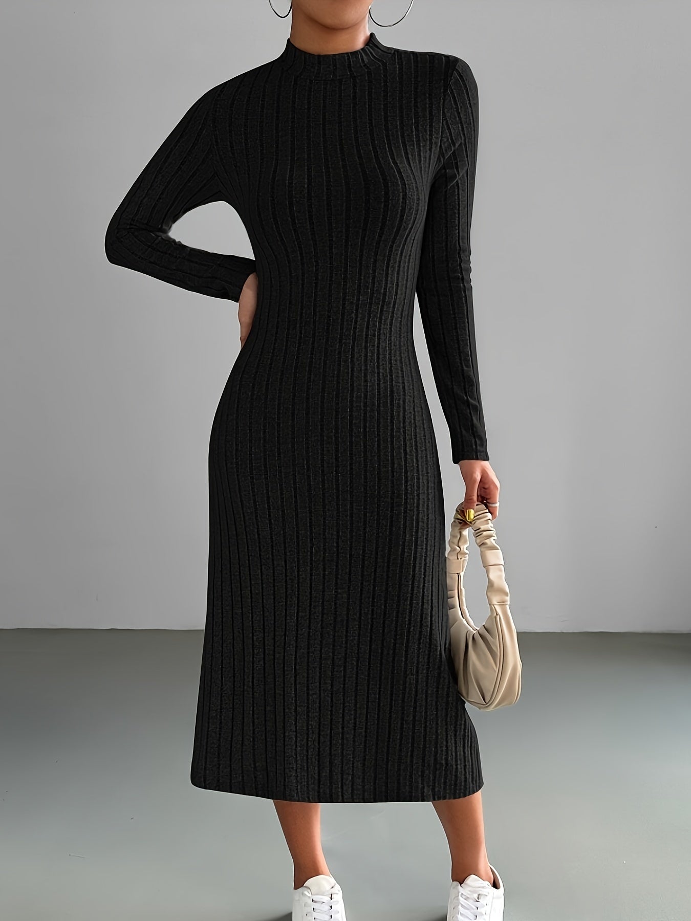 Chic Ribbed Black Midi Dress - Comfortable Mock Neck & Long Sleeves - Perfect for Any Occasion