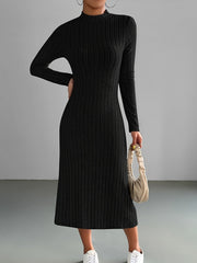 Chic Ribbed Black Midi Dress - Comfortable Mock Neck & Long Sleeves - Perfect for Any Occasion