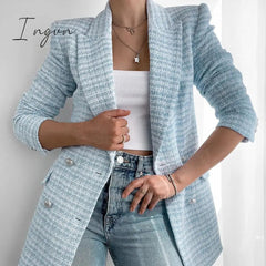 Ingvn - Fashion Casual Double Breasted Tweed Women Blazer Coat New Long Spring Autumn Jackets Coats Female Chic Office Lady Tops
