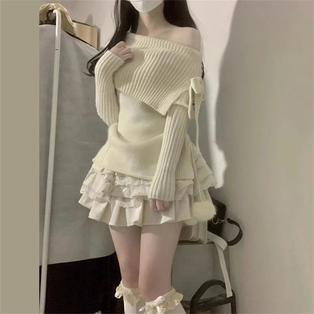 Voguable Autumn Winter Woman Kawaii Sweet 2 Piece Set Off Shoulder Bow Knitted Tops + Mini Cake Skirt Female Korean Fashion Casual Suits
