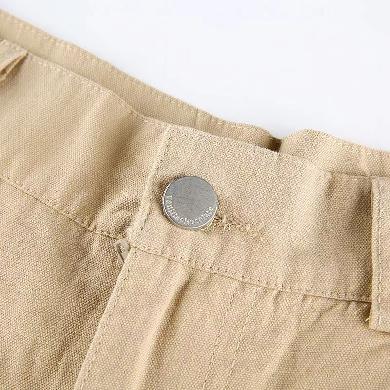 Khaki Oversized Cargo Baggy Pants Y2K Hip Hop Style Loosed  Adjustable Waist Drawstring Long Pant Streetwear 90s Style Clothes