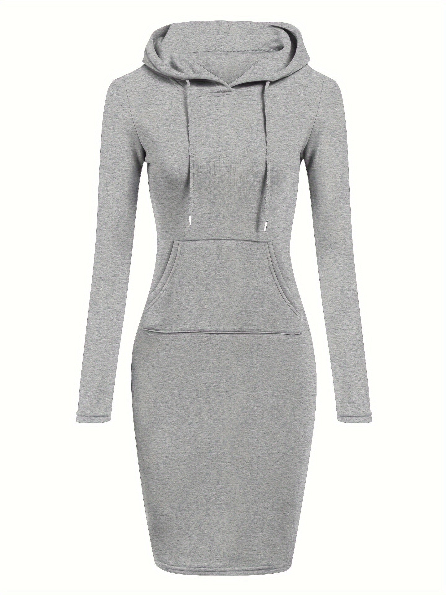 Womens Casual Chic Hooded Dress with Kangaroo Pocket - Adjustable Drawstring - Cozy Long Sleeves - Solid Color - Perfect for Everyday Wear